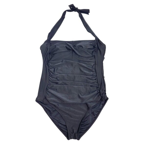 Black Halter One-Piece Swimsuit  Ruched Front Design & Tie Closure Size XL - Picture 1 of 9